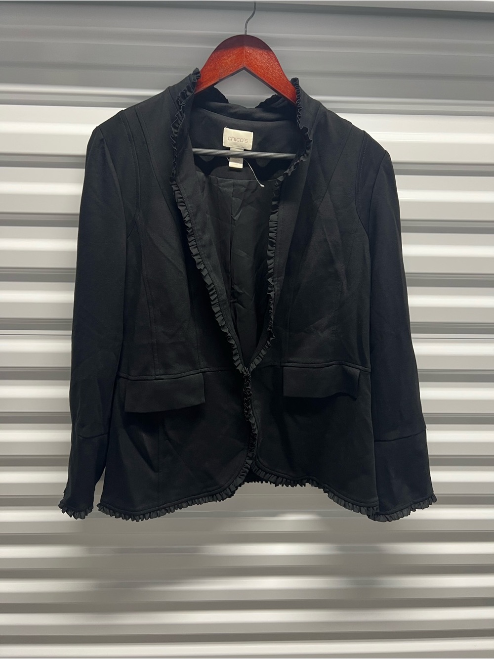 Chico's Black Ruffle Trim Blazer Size 2 Like New